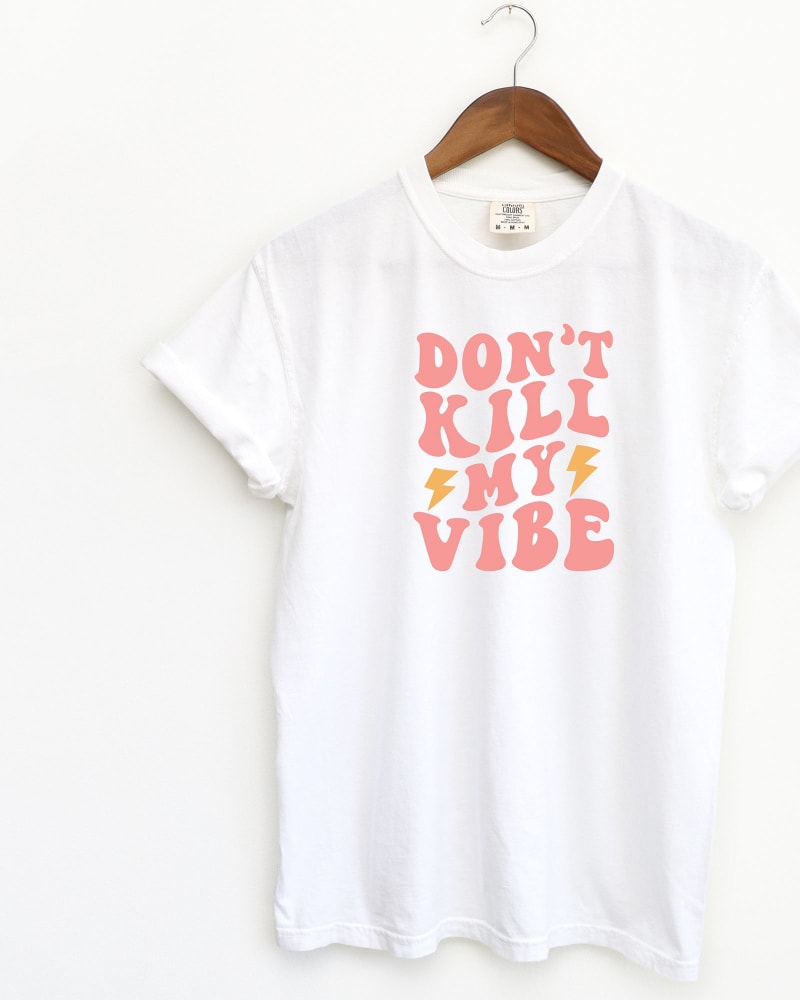 Front of a size XL Don't Kill My Vibe Lightning in White by Simply Sage Market. | dia_product_style_image_id:281479